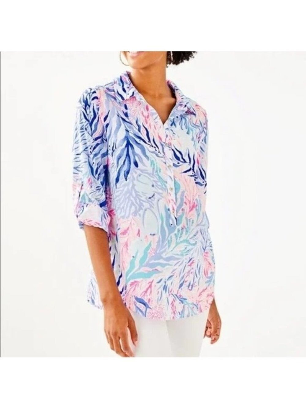 Lilly Pulitzer Captiva Tunic Top Shirt Popover Top Tab Sleeves Small